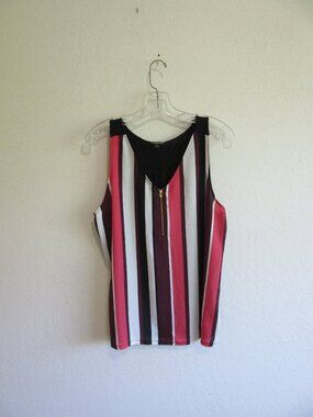 EXPRESS Black Stripe V-Neck L Sleeveless 1/4 Front Zip Closure Blouse